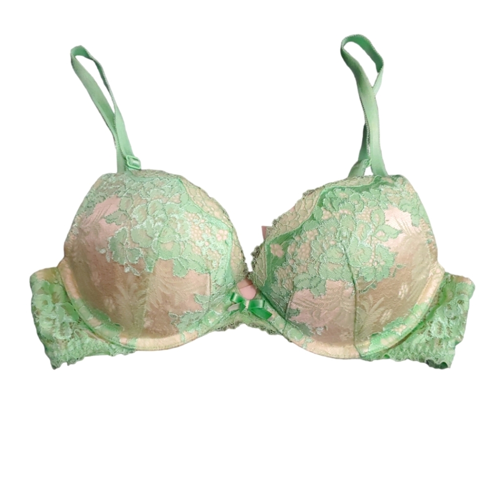 Victoria's Secret Dream Angels Cream With Greem Lace Push Up Bra